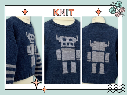 the robot kids sweater knitting pattern, boys and girls robot motif intarsia jane burns designs