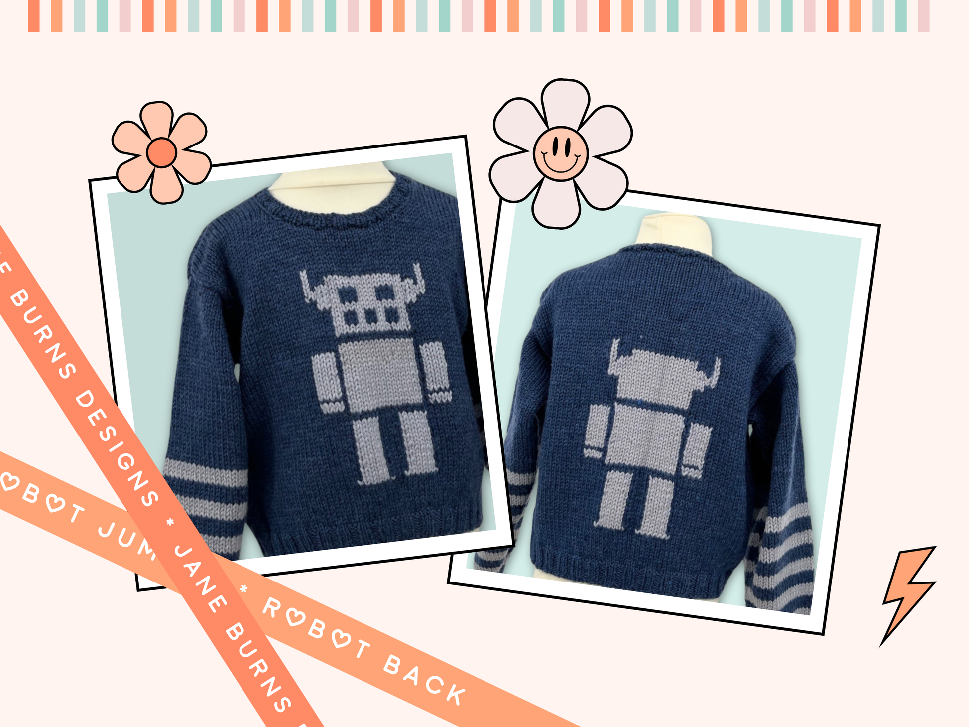 the robot kids sweater knitting pattern, boys and girls robot motif intarsia jane burns designs