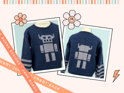 the robot kids sweater knitting pattern, boys and girls robot motif intarsia jane burns designs