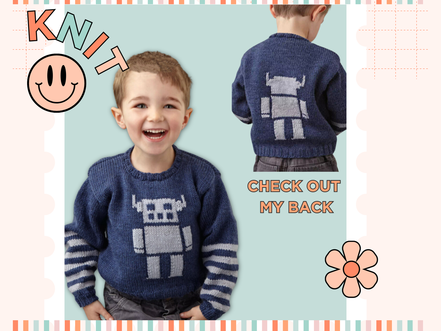 the robot kids sweater knitting pattern, boys and girls robot motif intarsia jane burns designs