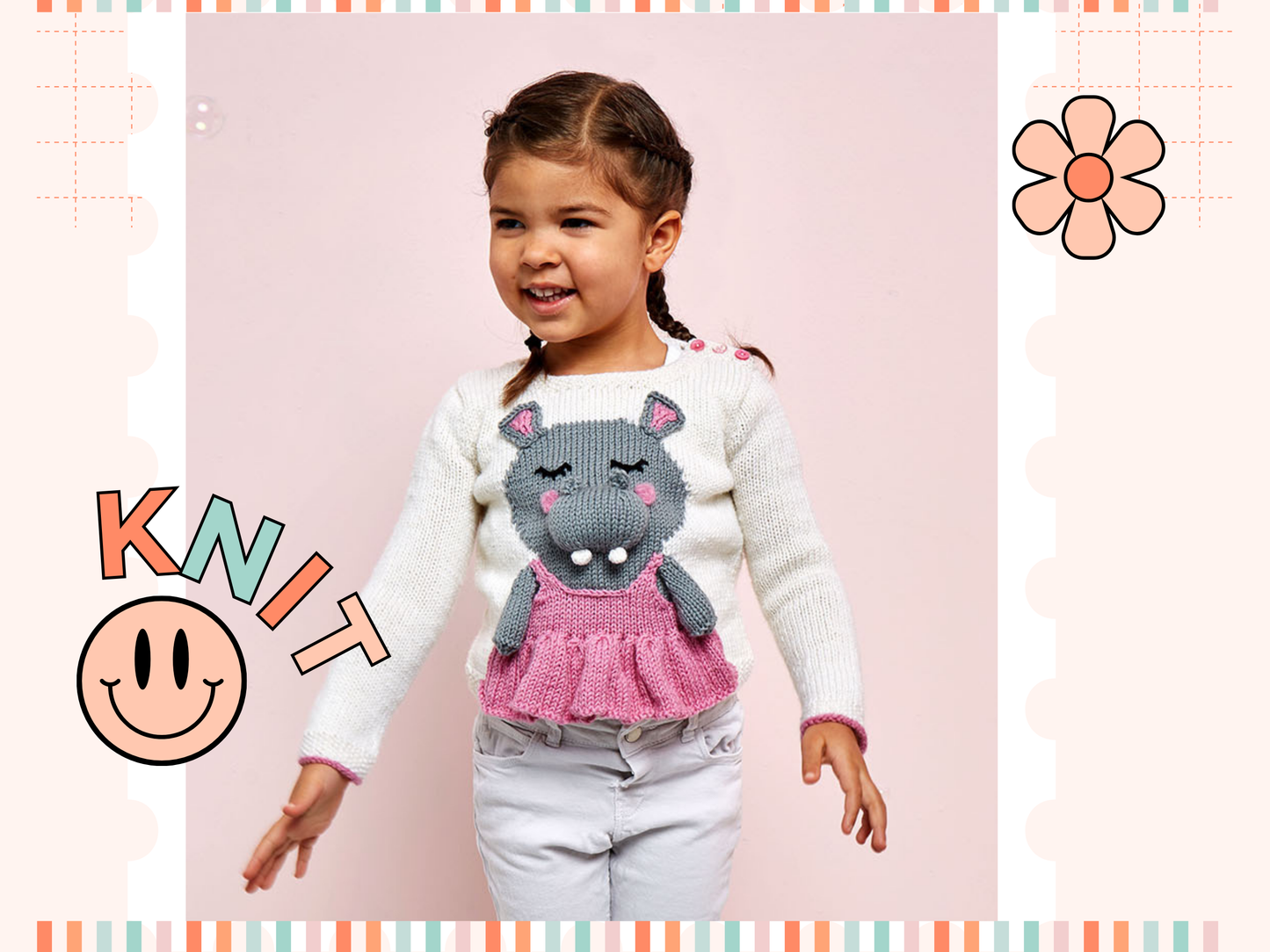 kids sweater knitting pattern, ballet sweater, hippo motif sweater, hippo sweater knitting pattern for kids by jane burns, girls jumper pattern