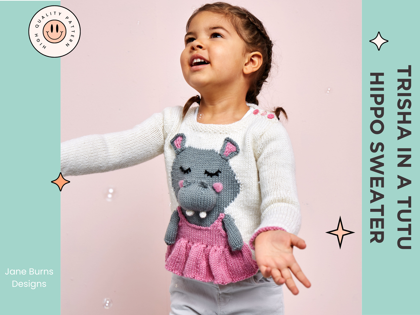 kids sweater knitting pattern, ballet sweater, hippo motif sweater, hippo sweater knitting pattern for kids by jane burns, girls jumper pattern