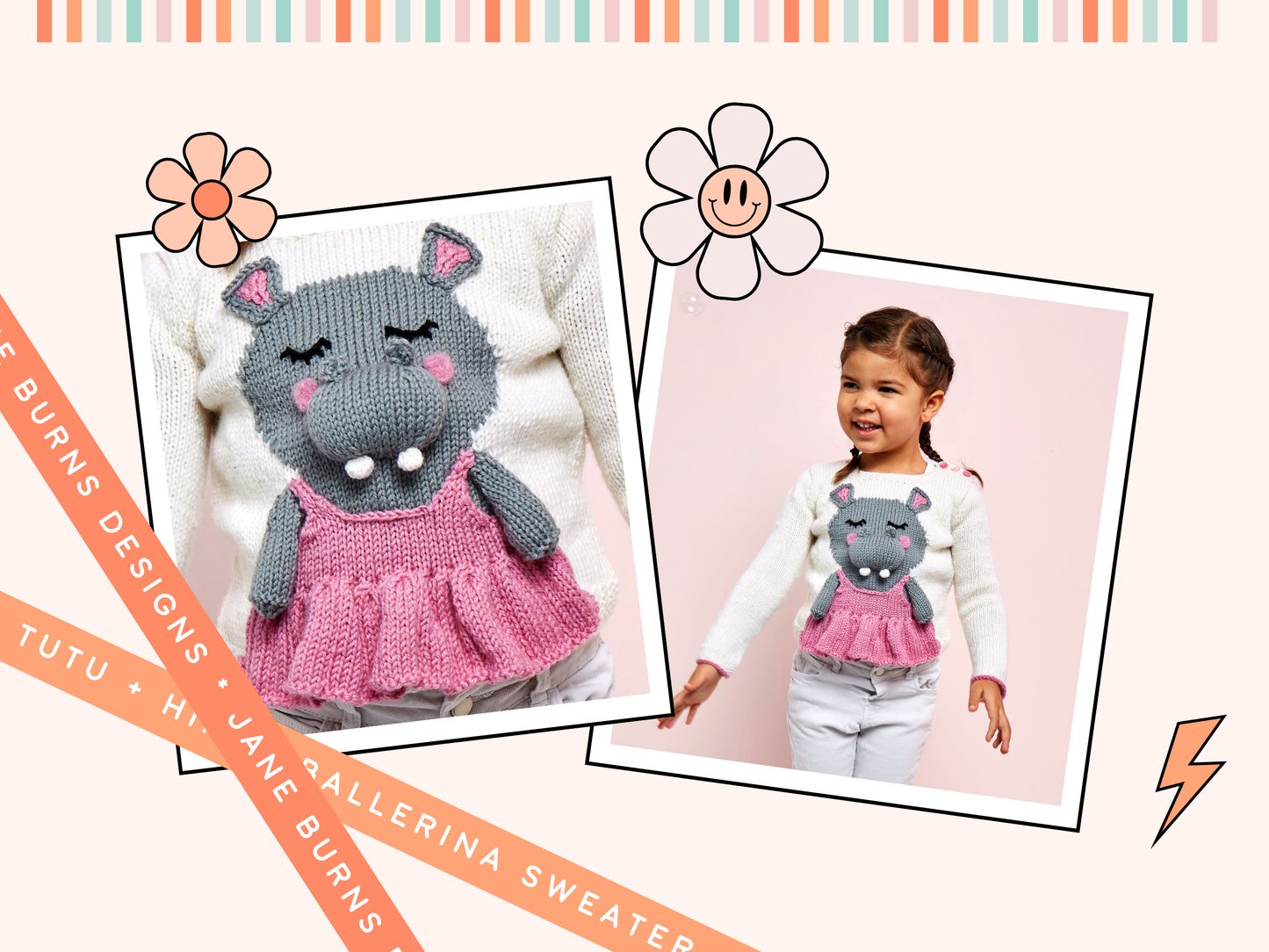 kids sweater knitting pattern, ballet sweater, hippo motif sweater, hippo sweater knitting pattern for kids by jane burns, girls jumper pattern