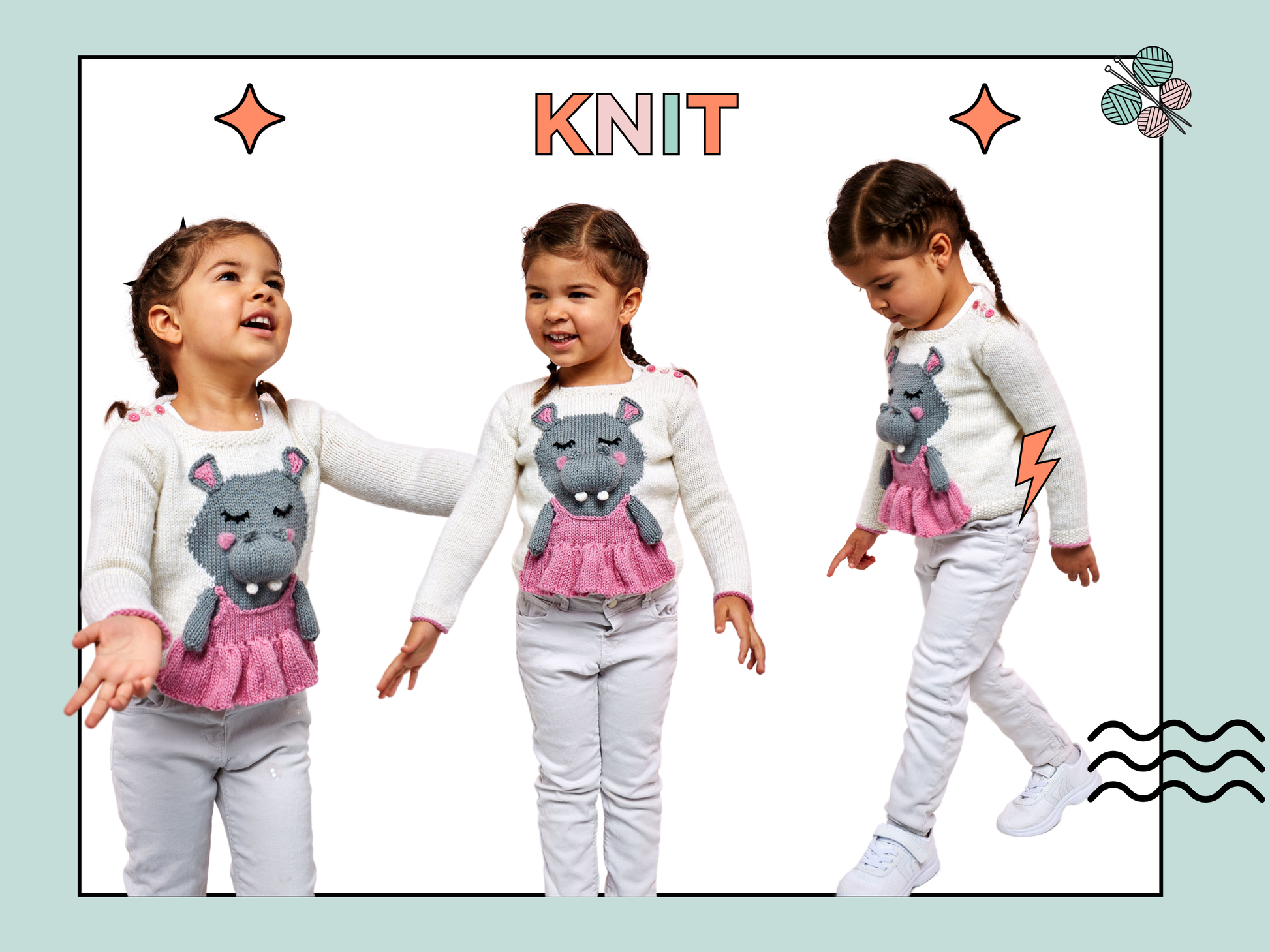 kids sweater knitting pattern, ballet sweater, hippo motif sweater, hippo sweater knitting pattern for kids by jane burns, girls jumper pattern