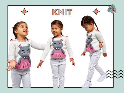 kids sweater knitting pattern, ballet sweater, hippo motif sweater, hippo sweater knitting pattern for kids by jane burns, girls jumper pattern