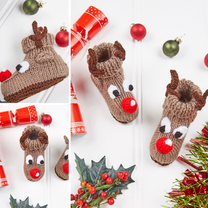 reindeer booties with eyes and large red nose. antlers. brown reindeer booties for baby, boys and girls, baby shoes knitting pattern