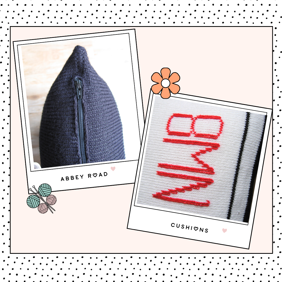 Image shows two knitted cushions one showing the abbey road street sign and behind it a second black and white striped cushion looking like the zebra crossing from the beatles music album knitting pattern by jane burns