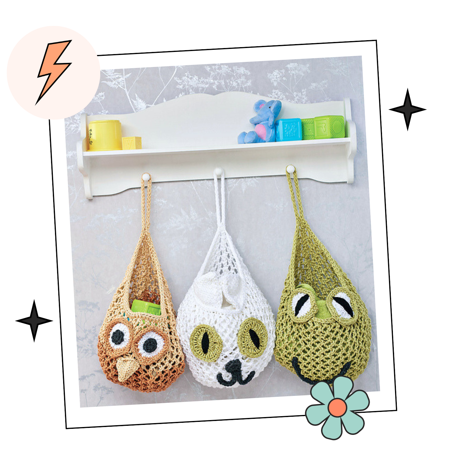 owl, cat, frog hanging nursery baskets, knitted baskets knitting pattern jane burns