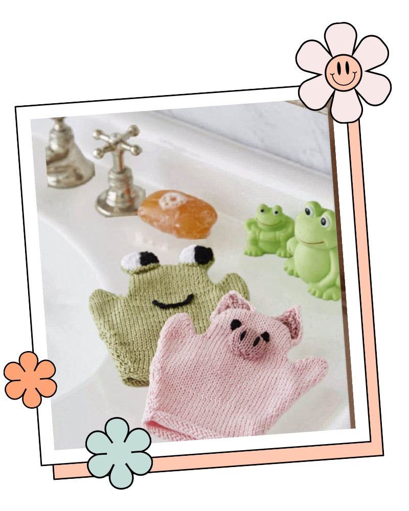 Frog and pig knitted bath mitts for babies, quick baby shower knitting gift in King Cole Cottonsoft DK