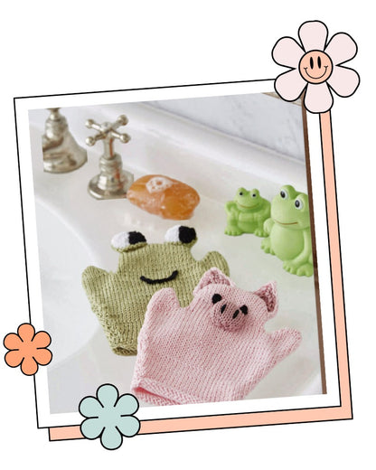 Frog and pig knitted bath mitts for babies, quick baby shower knitting gift in King Cole Cottonsoft DK