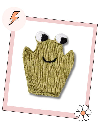 Knitted frog bath mitt with round stuffed eyes, free baby bath mitt knitting pattern in sage green DK cotton