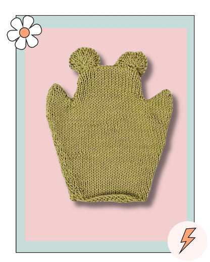 Knitted frog bath mitt with round stuffed eyes, free baby bath mitt knitting pattern in sage green DK cotton