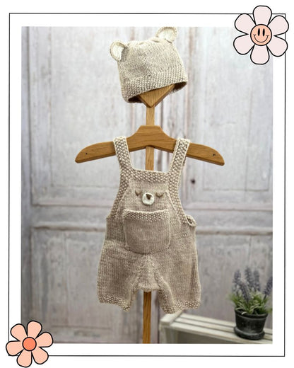 baby bear romper dungarees and hat knitting pattern by jane burns