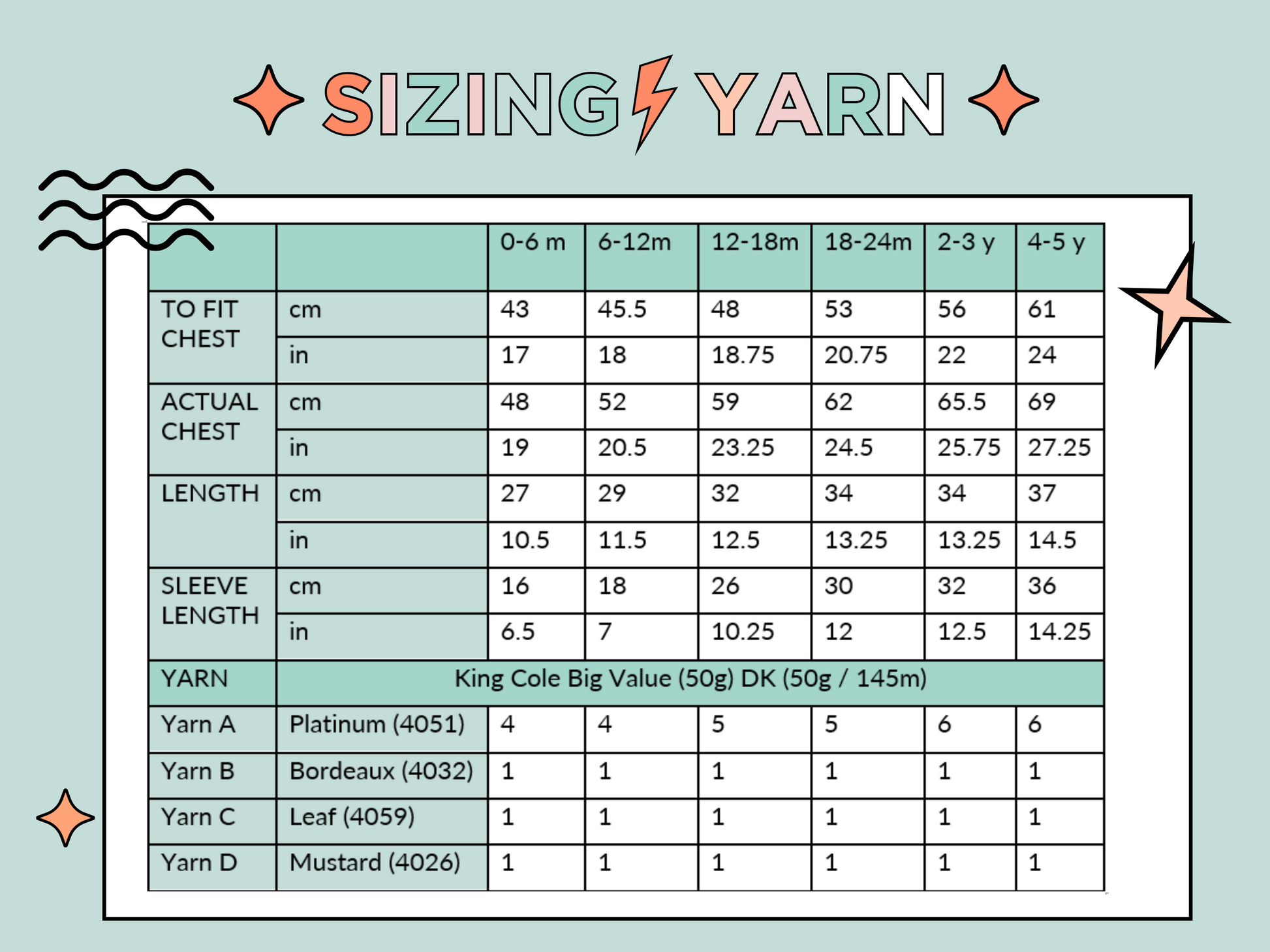 sizing chart and yarn requirements for baby dinosaur cardigan knitting pattern jane burns