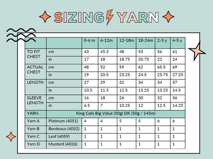 sizing chart and yarn requirements for baby dinosaur cardigan knitting pattern jane burns