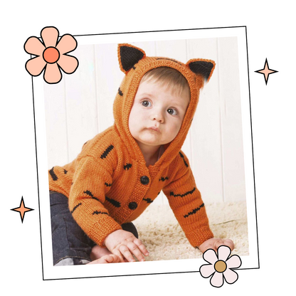 Baby Tiger Hoodie, Simple Hooded Baby Cardigan Knitting Pattern