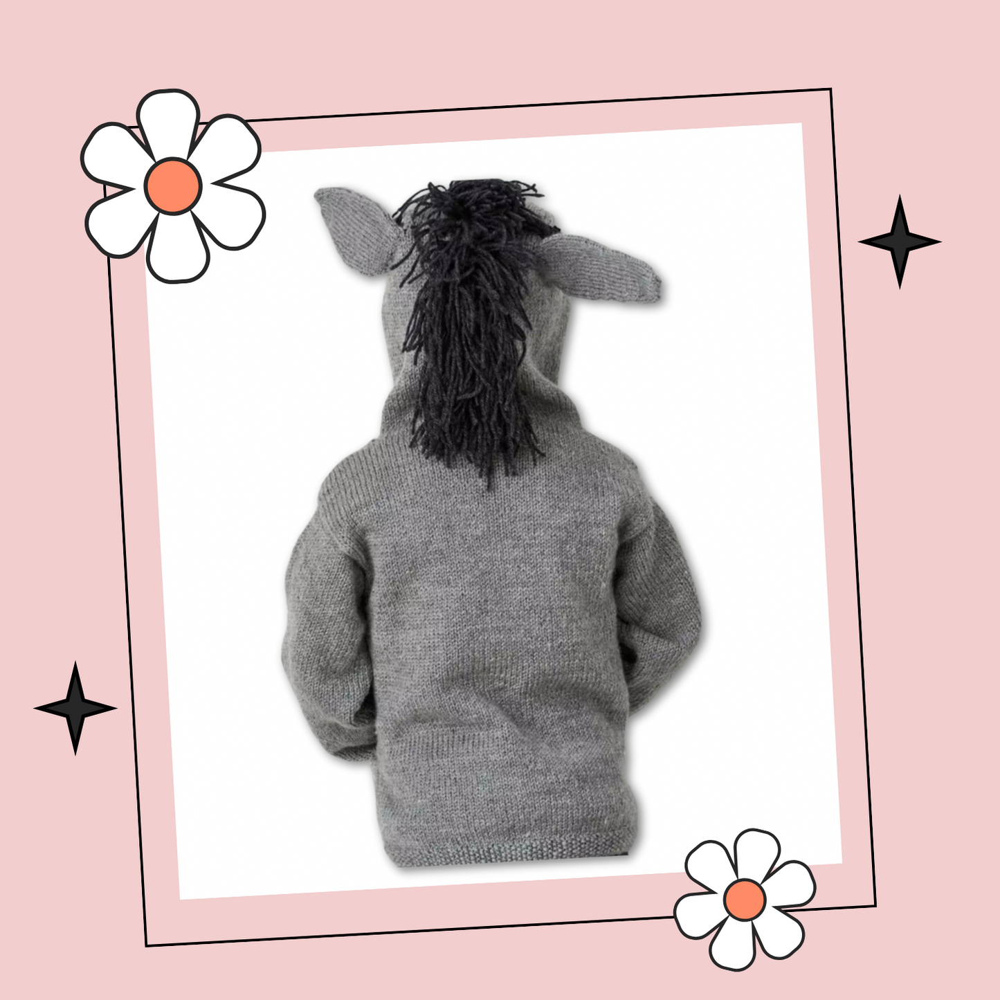 grey knitted hooded sweater with light grey kangaroo style pocket on the front, large donkey ears and a black mane create this cute donkey hoodie knitting pattern by jane burns