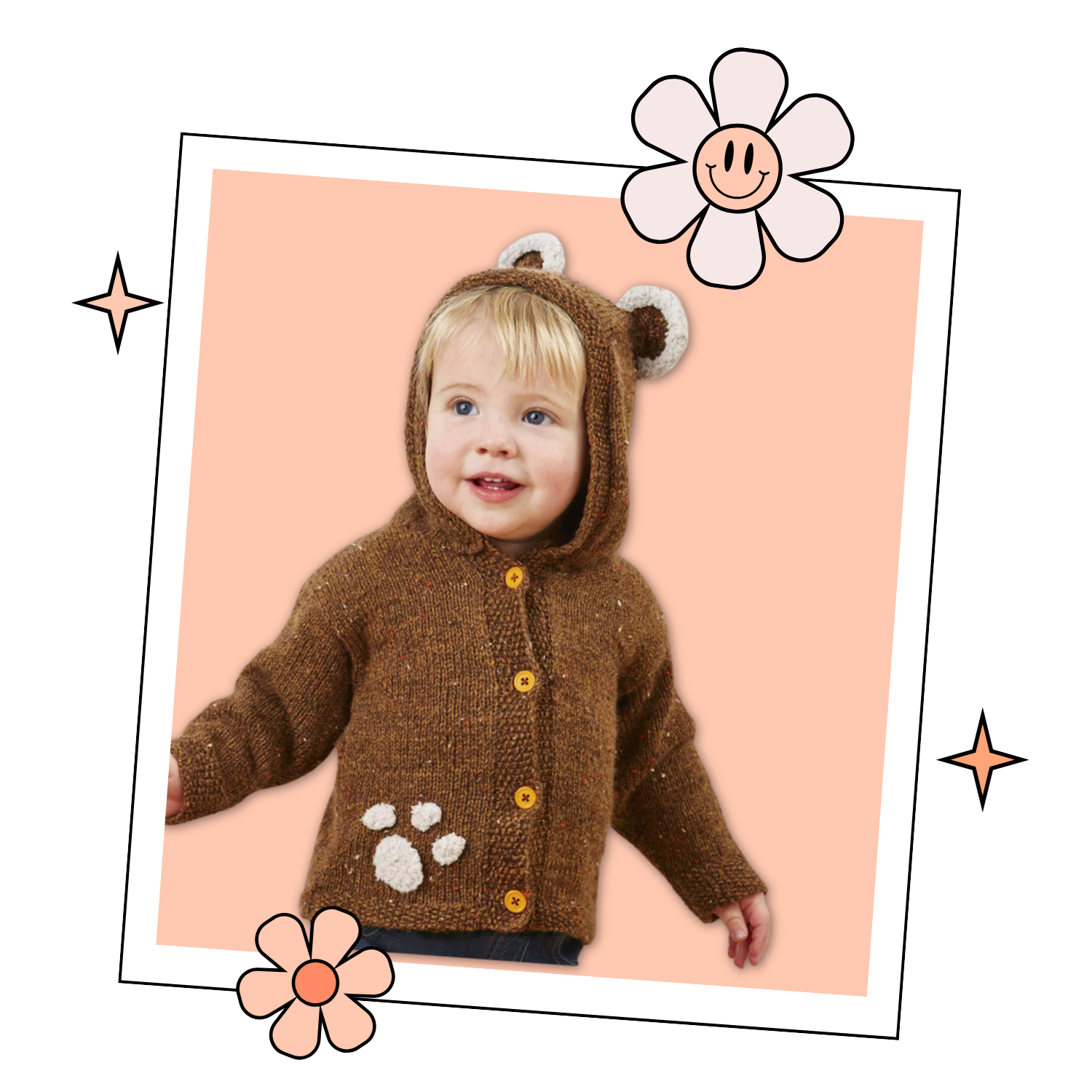 barnaby bear, baby teddy bear hooded cardigan, knitting pattern with ears and paw print, pdf download  jane burns