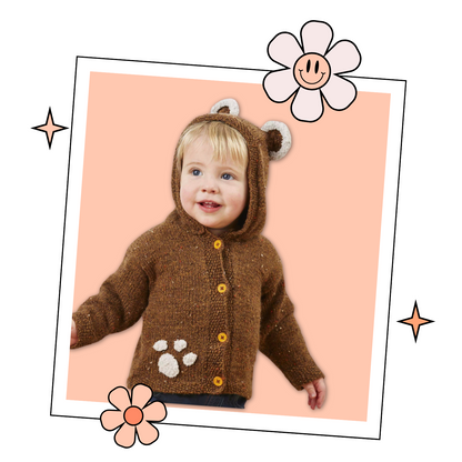 barnaby bear, baby teddy bear hooded cardigan, knitting pattern with ears and paw print, pdf download  jane burns