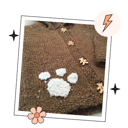 barnaby bear, baby teddy bear hooded cardigan, knitting pattern with ears and paw print, pdf download  jane burns