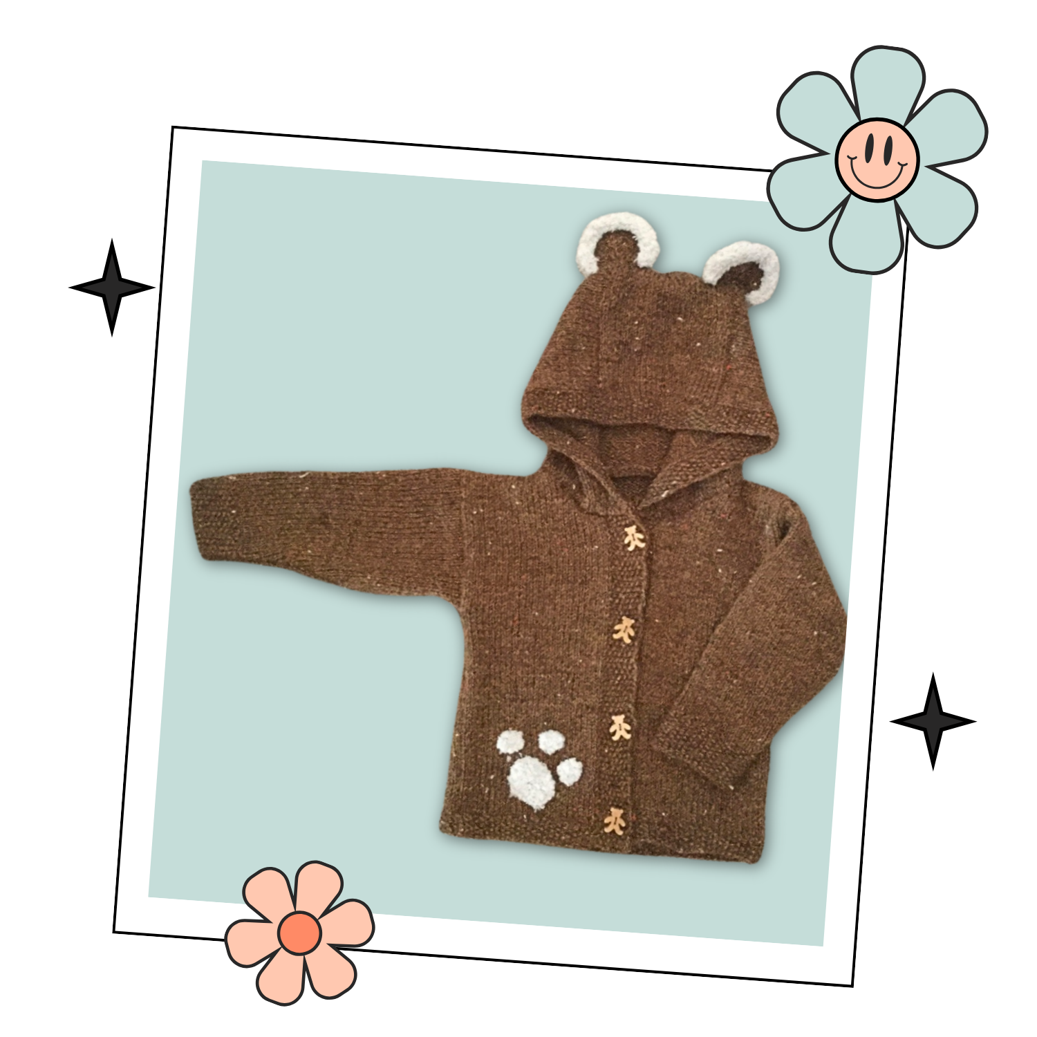 barnaby bear, baby teddy bear hooded cardigan, knitting pattern with ears and paw print, pdf download  jane burns