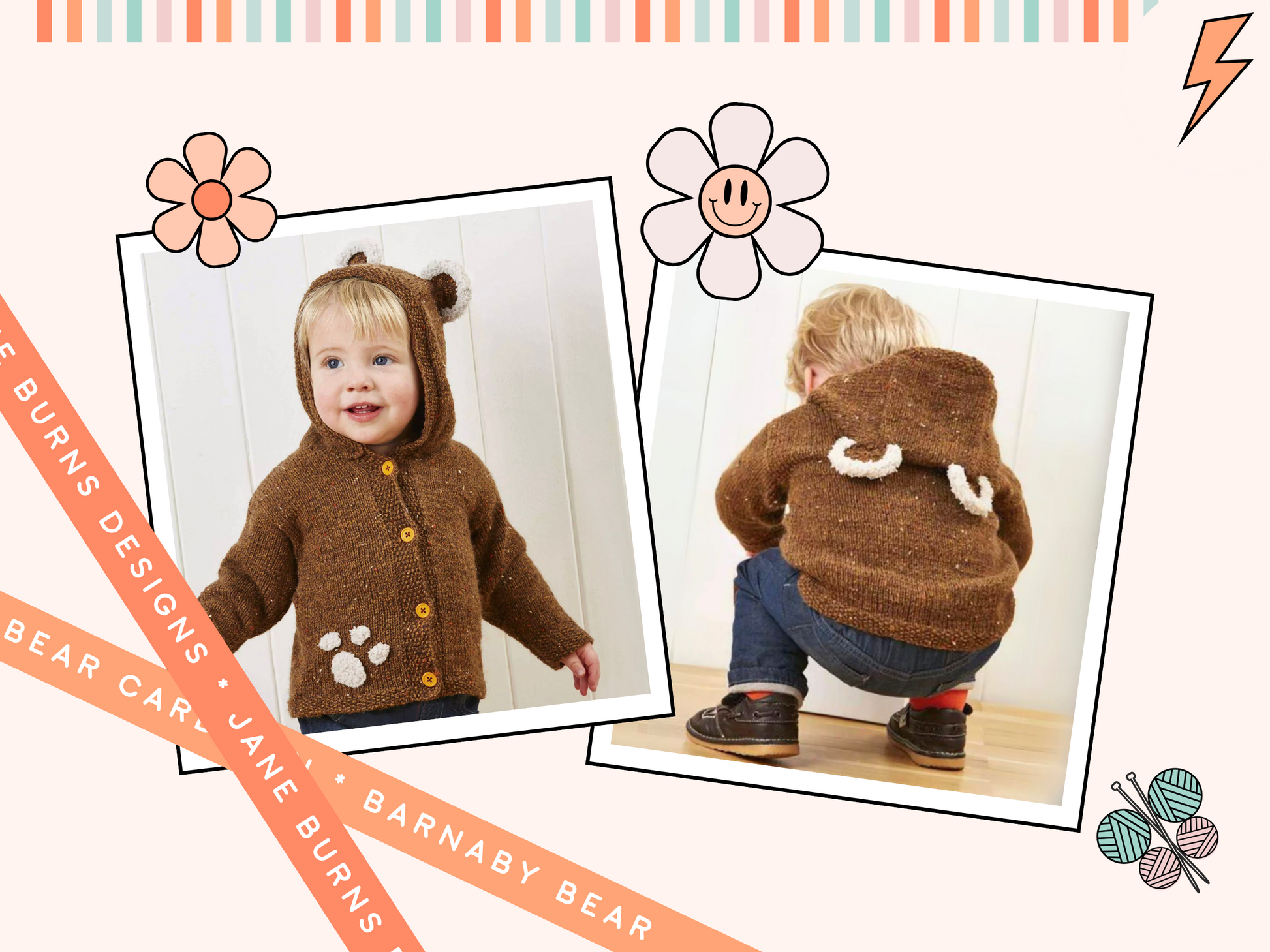 barnaby bear, baby teddy bear hooded cardigan, knitting pattern with ears and paw print, pdf download  jane burns