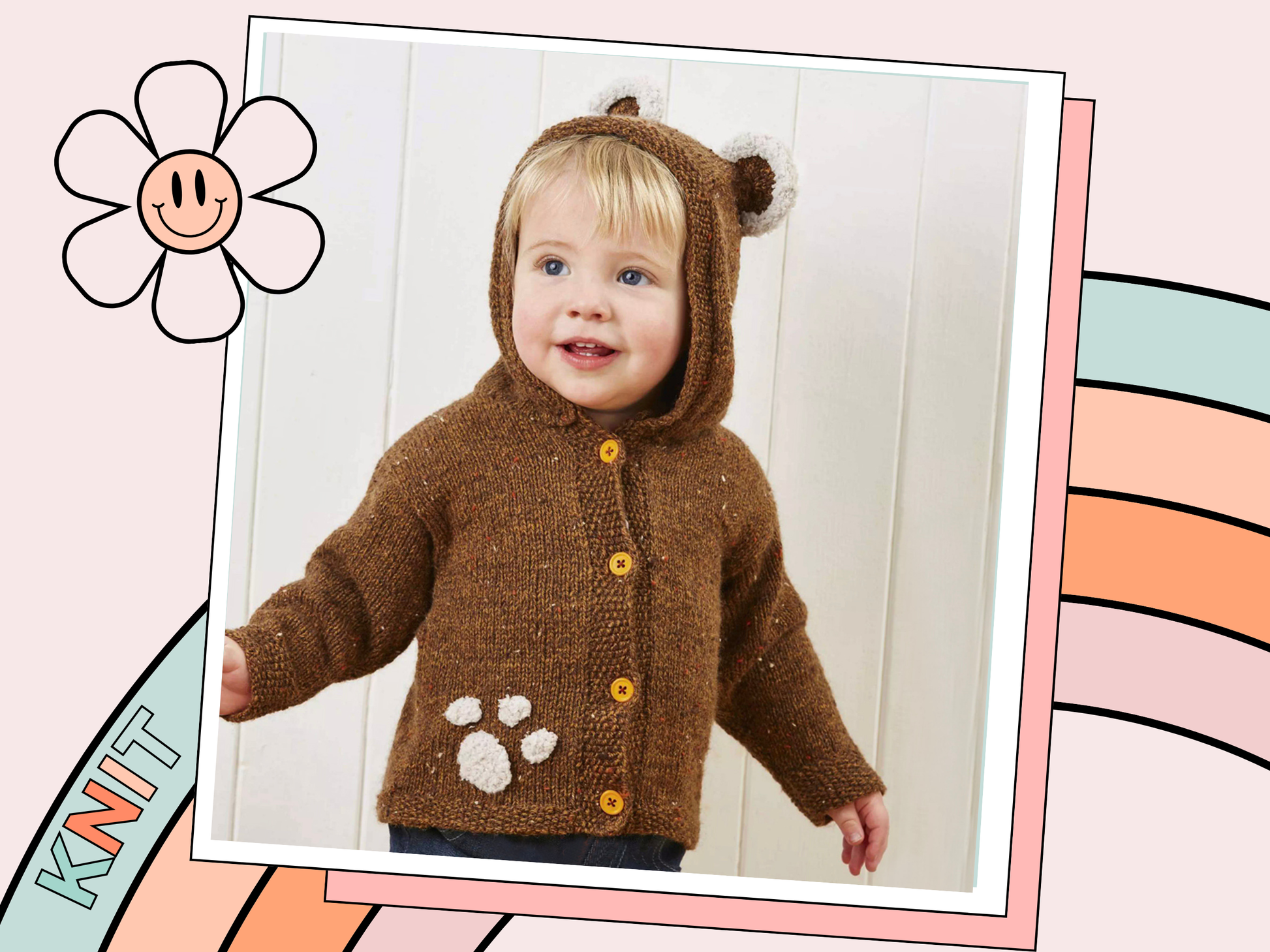 barnaby bear, baby teddy bear hooded cardigan, knitting pattern with ears and paw print, pdf download  jane burns