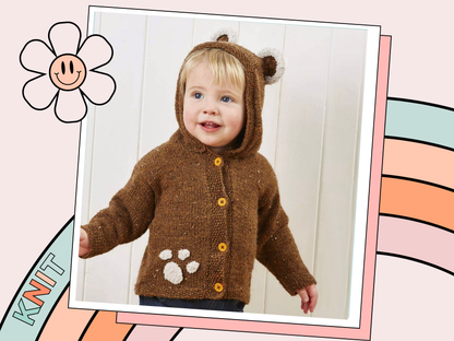 barnaby bear, baby teddy bear hooded cardigan, knitting pattern with ears and paw print, pdf download  jane burns