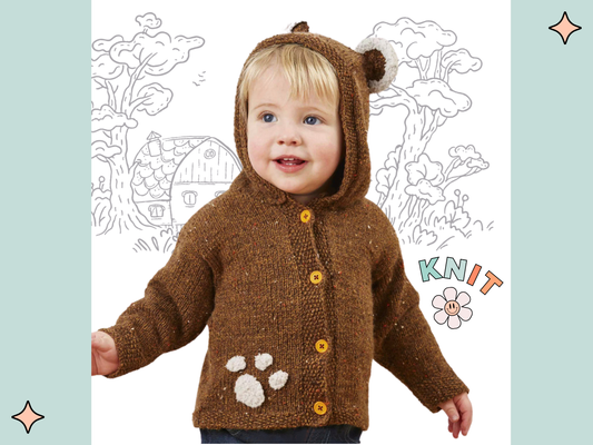 barnaby bear, baby teddy bear hooded cardigan, knitting pattern with ears and paw print, pdf download  jane burns