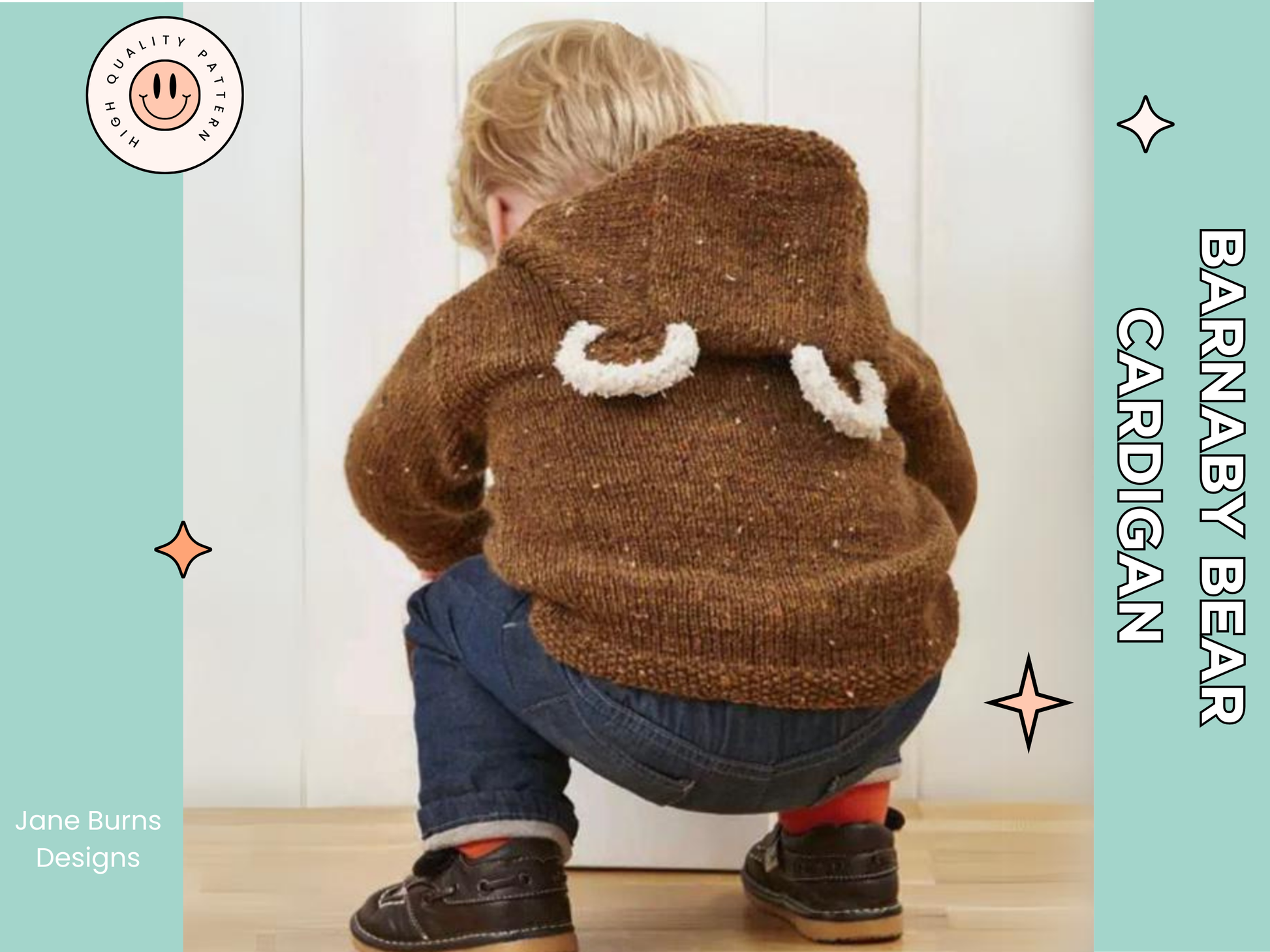 barnaby bear, baby teddy bear hooded cardigan, knitting pattern with ears and paw print, pdf download  jane burns