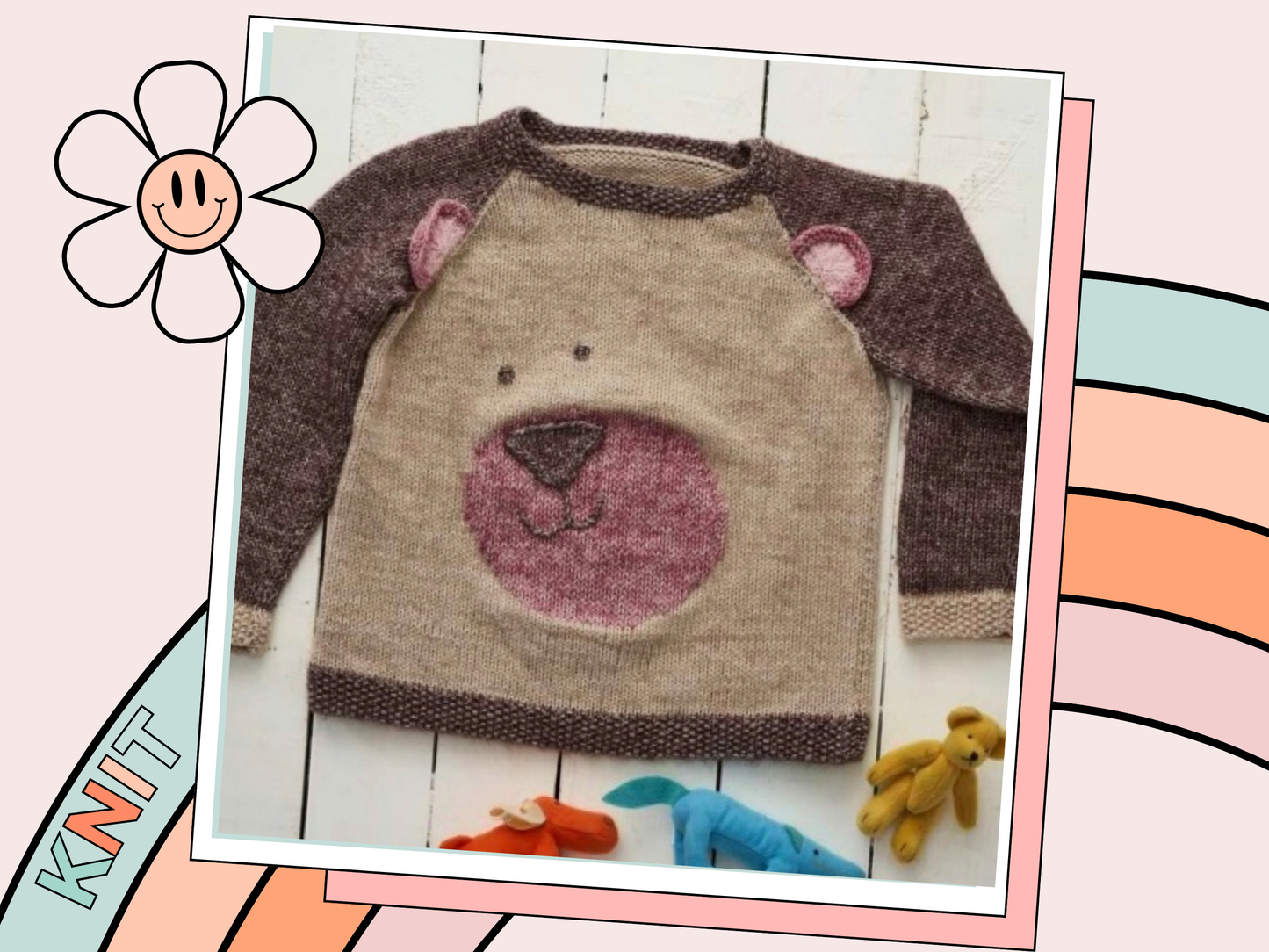 kids jumper knitting pattern for a teddy bear themed sweater, ears and nose applique, raglan style jumper knitting pattern download jane burns