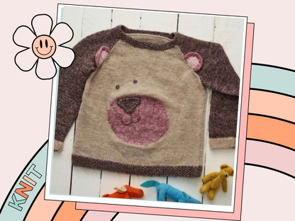 kids jumper knitting pattern for a teddy bear themed sweater, ears and nose applique, raglan style jumper knitting pattern download jane burns