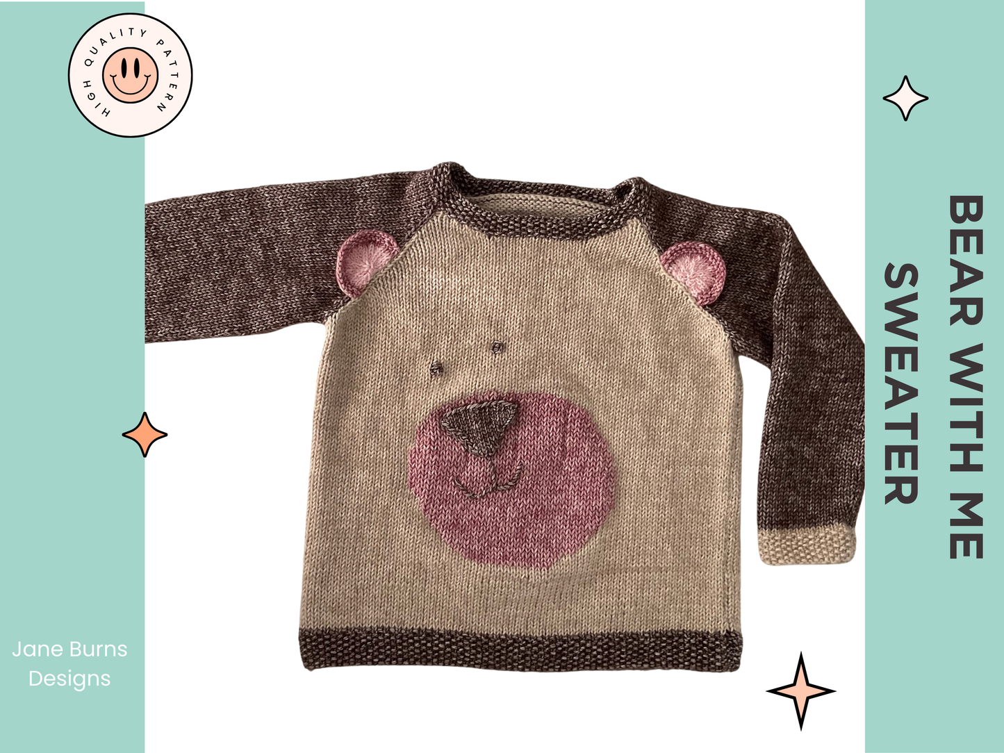 kids jumper knitting pattern for a teddy bear themed sweater, ears and nose applique, raglan style jumper knitting pattern download jane burns