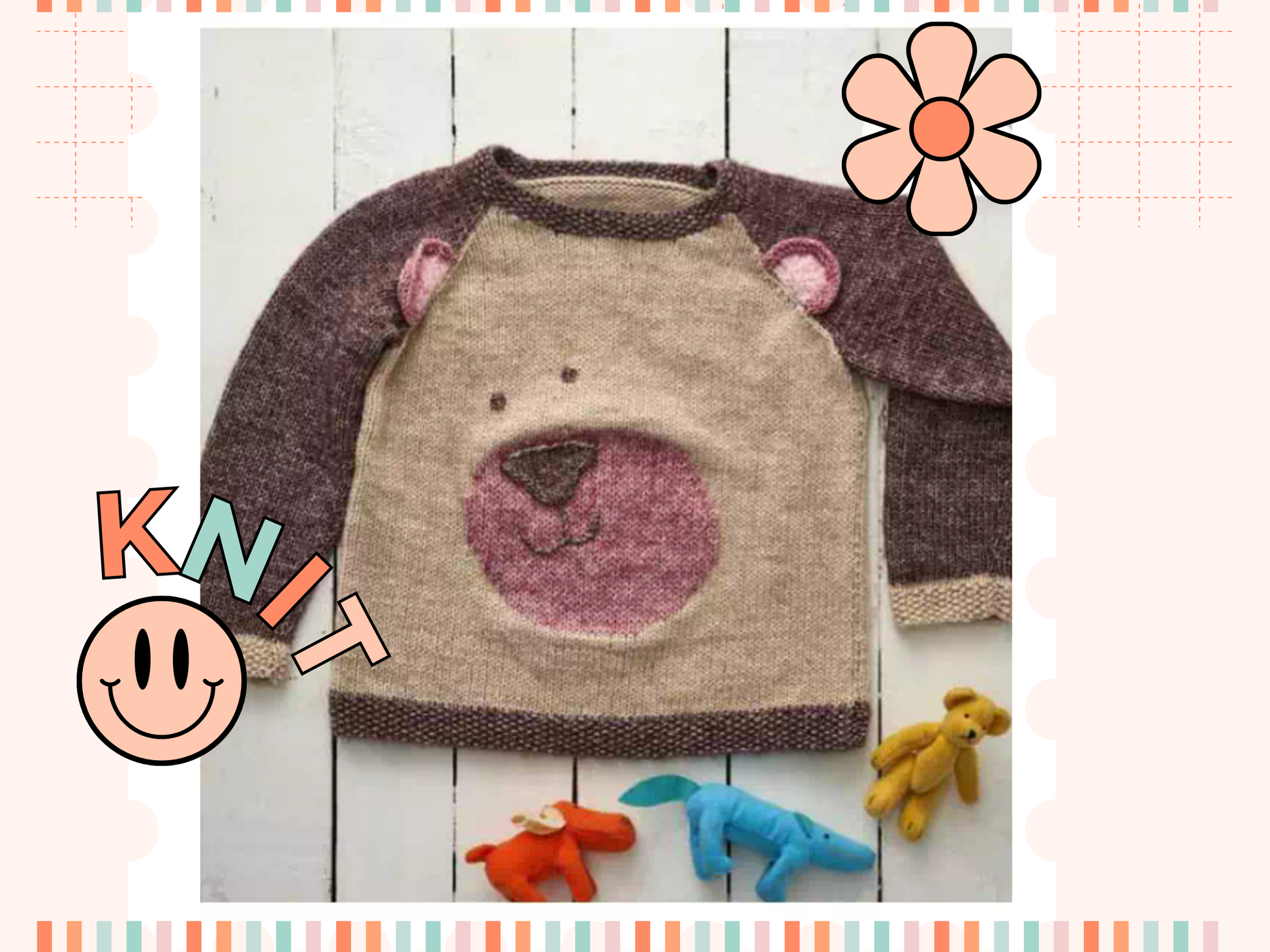 kids jumper knitting pattern for a teddy bear themed sweater, ears and nose applique, raglan style jumper knitting pattern download jane burns