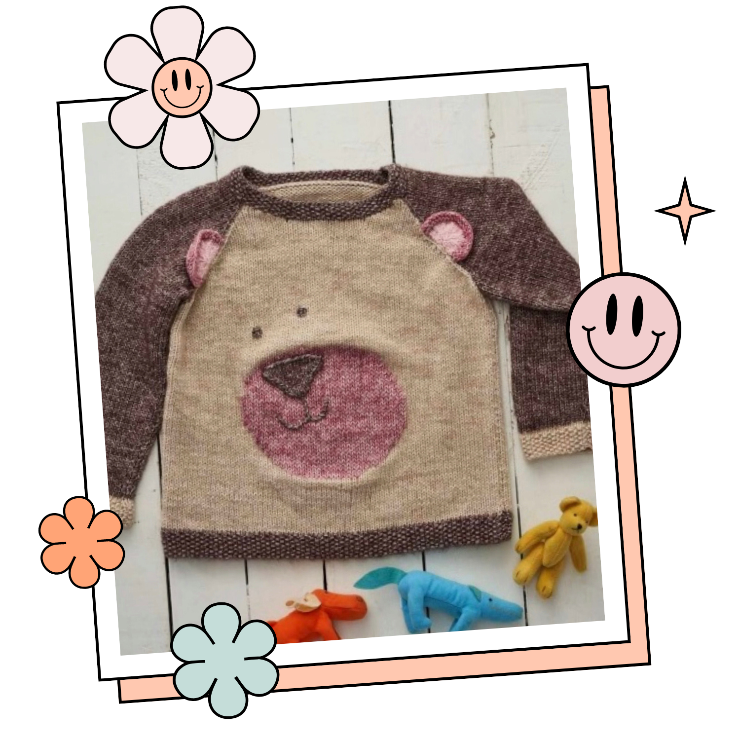 kids jumper knitting pattern for a teddy bear themed sweater, ears and nose applique, raglan style jumper knitting pattern download jane burns