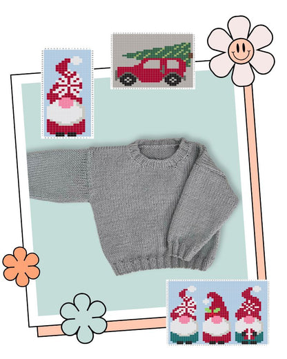 blank canvas baby jumper knitting pattern showing jumper with dinosaur motif and three other charts that you can use to create a unique jumper jane burns designs