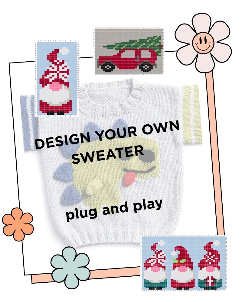 Promotional graphic for a knitting pattern titled 'DESIGN YOUR OWN SWEATER plug and play', showing a white knitted sweater with a colorful pixel-art gnomes design, plus small example images of completed pixel-sweater designs and decorative flowers on a white background. janeburns knitting pattern
