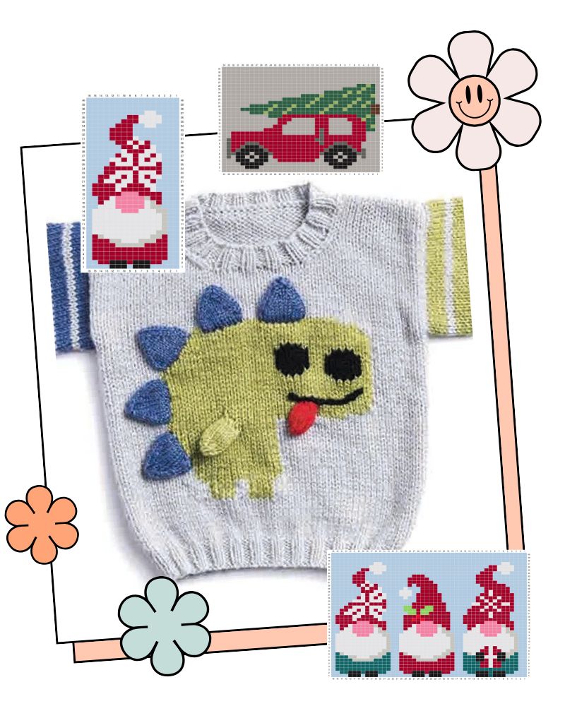 blank canvas baby jumper knitting pattern showing jumper with dinosaur motif and three other charts that you can use to create a unique jumper jane burns designs