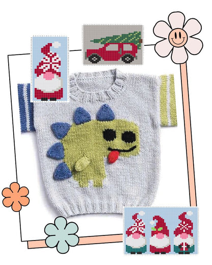 blank canvas baby jumper knitting pattern showing jumper with dinosaur motif and three other charts that you can use to create a unique jumper jane burns designs