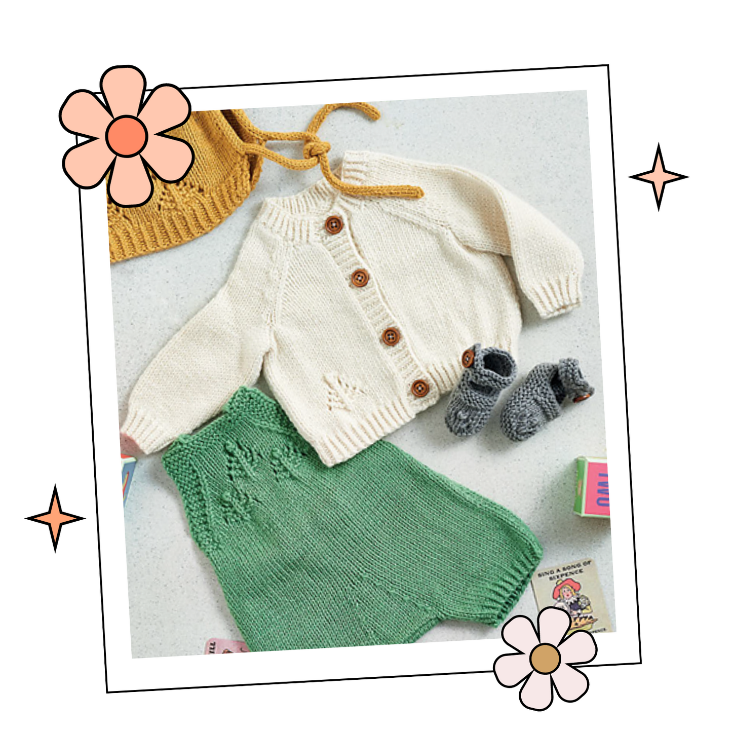 Budding Knits, Baby Layette, Bonnet, Shoes, Cardigan and Romper Knitting Pattern