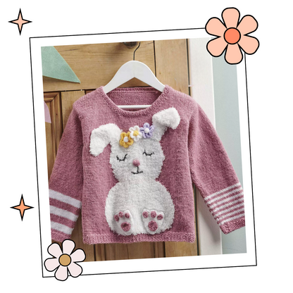 Bunny Toes, Childs Intarsia Rabbit Motif Sweater - Knitting Pattern