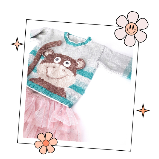 Cheeky Little Monkey Sweater, Simple Kids Intarsia Jumper -  Knitting Pattern