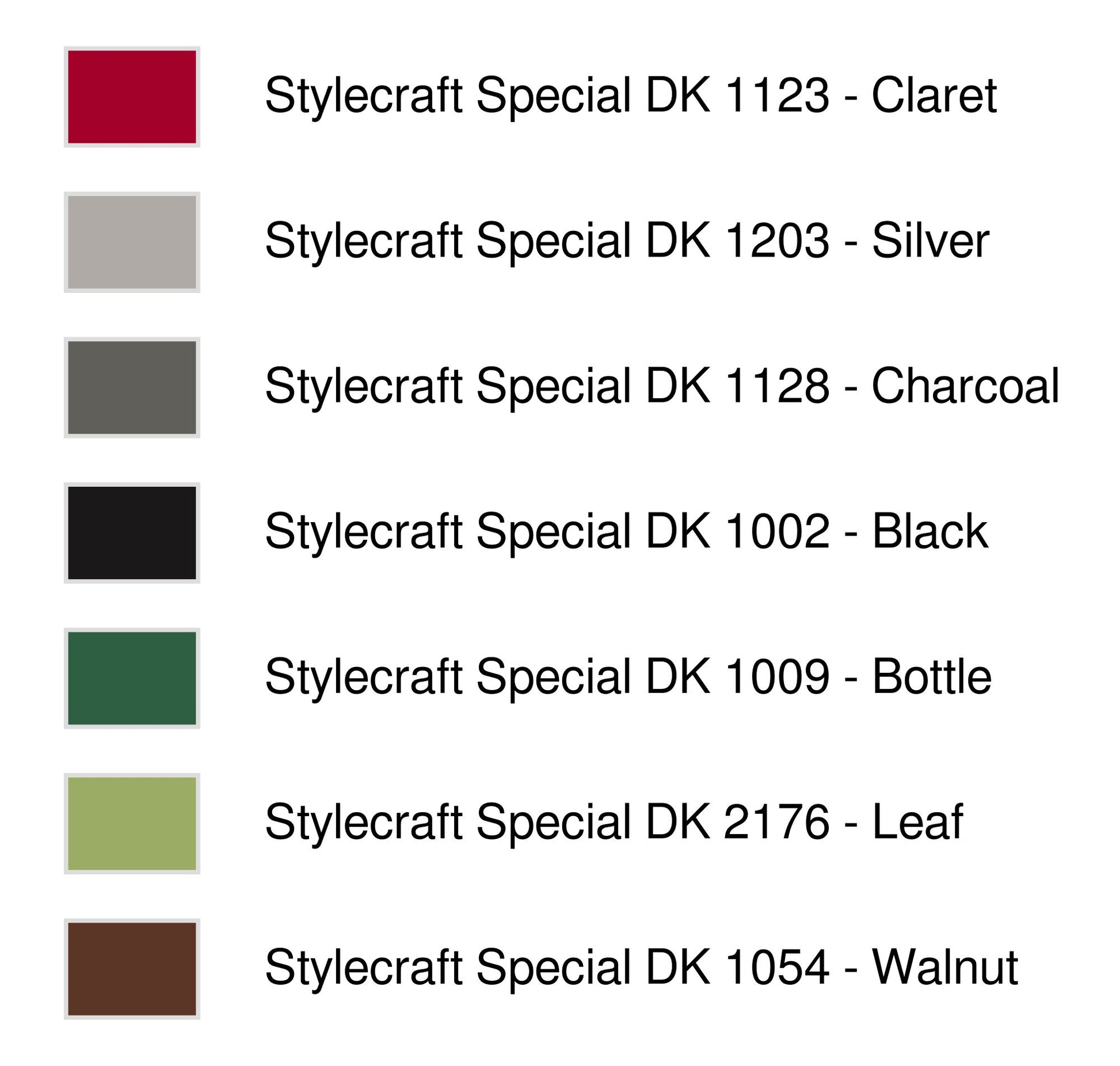 Colour legend for Christmas Car knitting chart, Stylecraft Special DK shades including Claret, Charcoal, Silver, Bottle, Leaf and Walnut