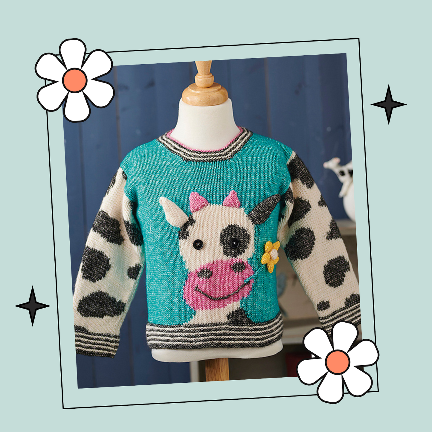 Daisy the Cow, Cow Print Intarsia Kids Sweater - Knitting Pattern