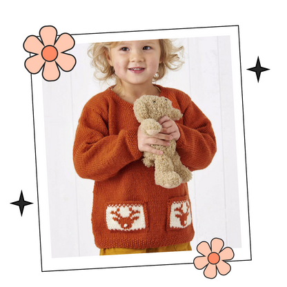 Deer One, Childs Christmas Jumper with Reindeer Motif Pockets - Knitting Pattern