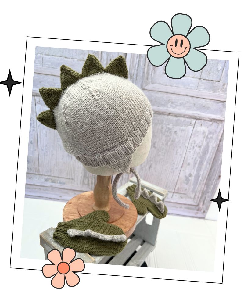 Dinosaur hat and matching mittens knitting pattern set, children aged 1 to 11 years, instant PDF download