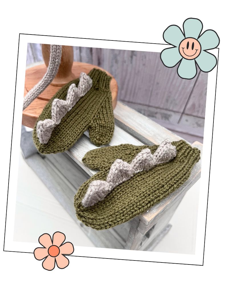 Children's fingerless mittens knitting pattern with dinosaur spikes, DK yarn, confident beginner