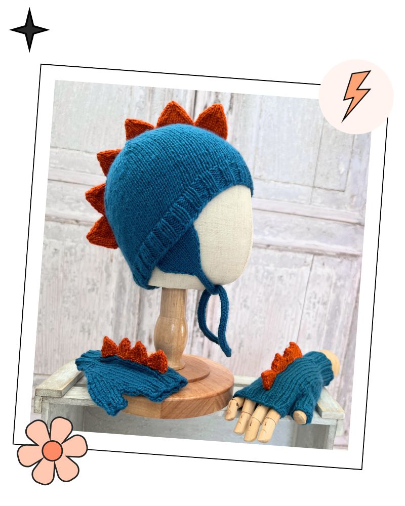 Dinosaur trapper hat and fingerless mittens knitting pattern for children, DK yarn, sizes 1 to 11 years