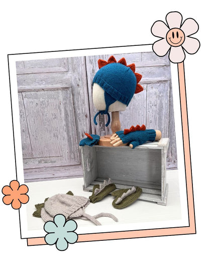 Dinosaur trapper hat and fingerless mittens knitting pattern for children, DK yarn, sizes 1 to 11 years