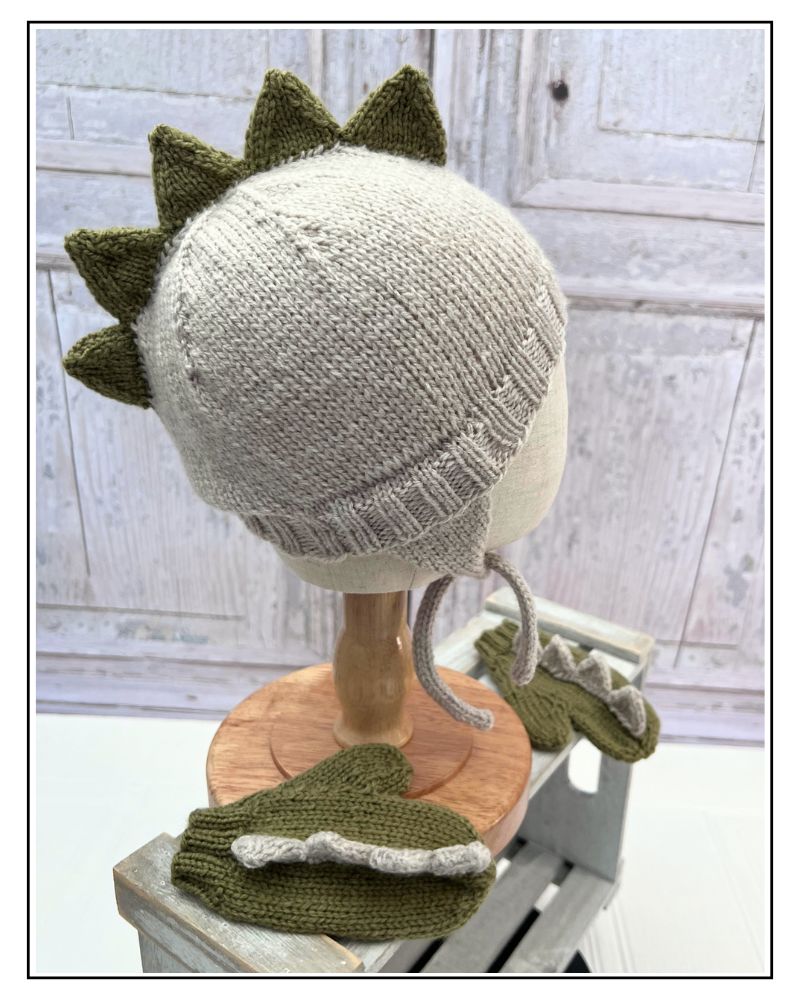 Dinosaur hat and mitten set knitting pattern in khaki and parchment, children's DK knitting